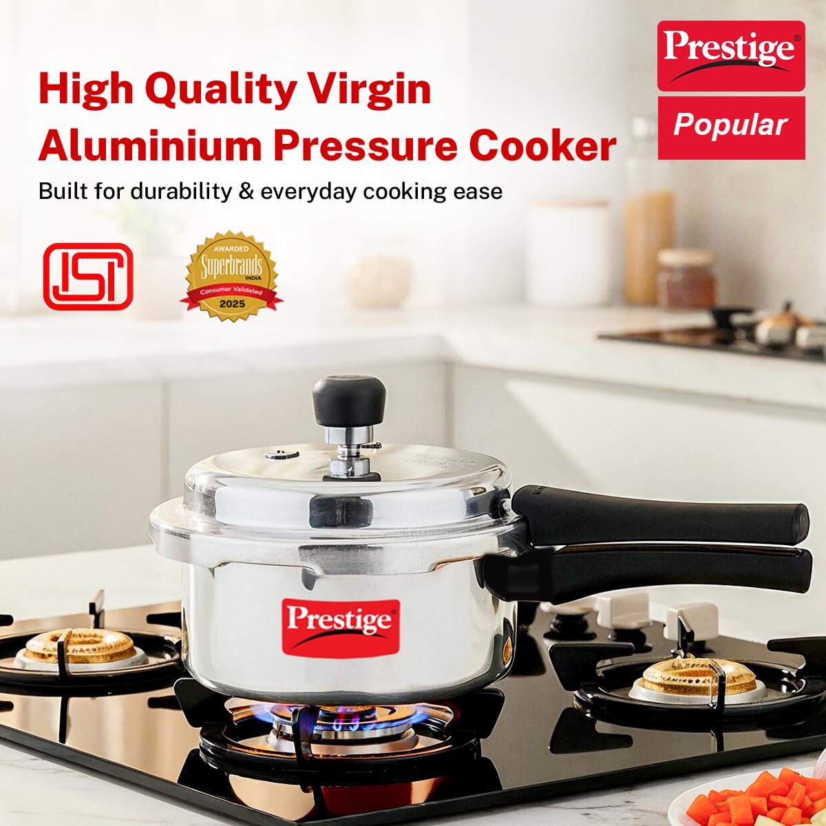 Prestige 2 Litre Aluminium Popular Outerlid Pressure Cooker | Virgin Aluminium| Gas Compatible|Controlled Gasket Release System|5 years warranty|ISI Certified