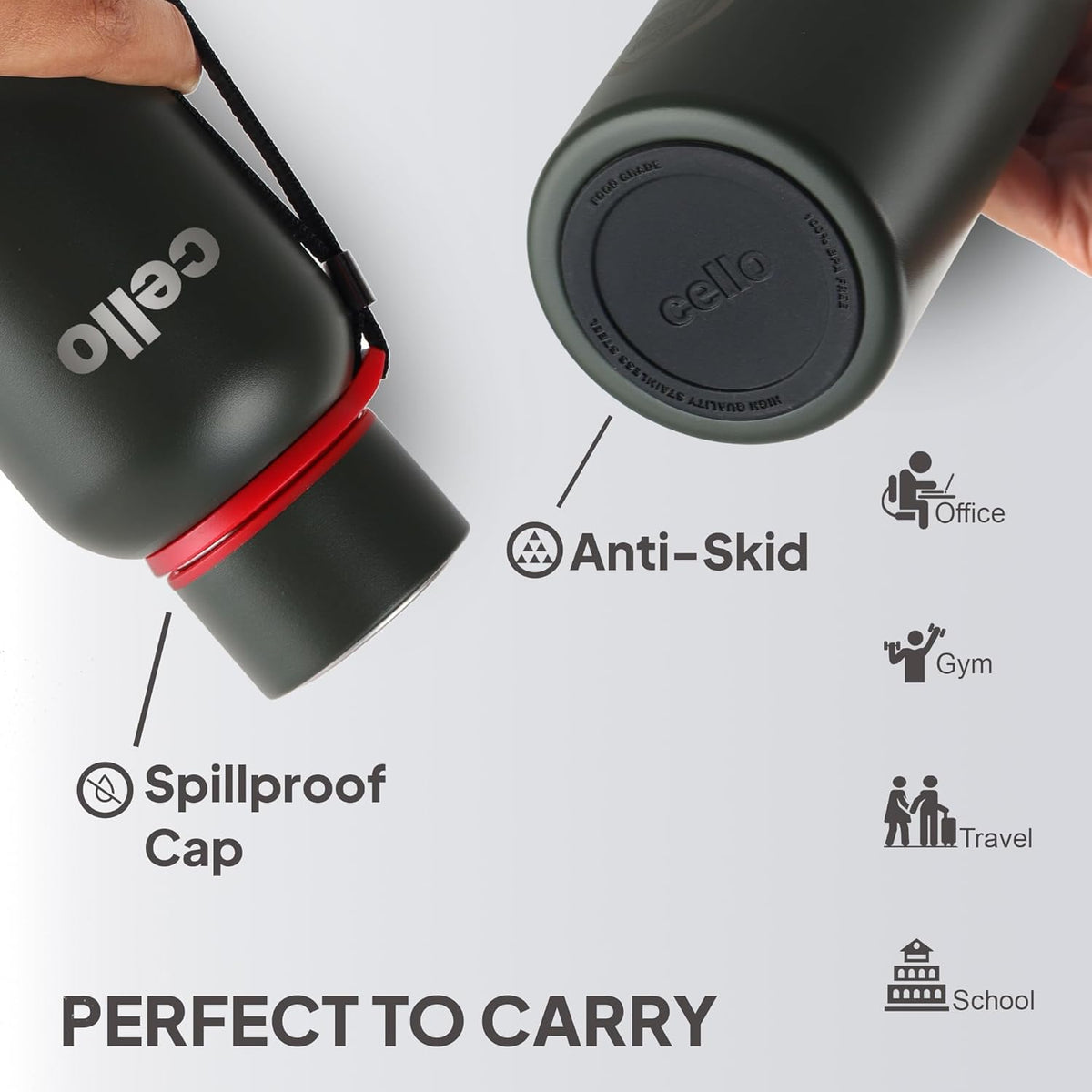 CELLO Duro Kent Stainless Steel Hot and Cold Water Bottle 900 ml Military Green | ISI Certified Spillproof Leakproof Double Wall Vacuum Insulated Thermos Flask Water Bottle for Home Office Gym Travel