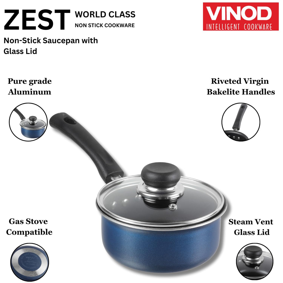 Vinod Zest Aluminium Non Stick Saucepan with Glass Lid - 1.4 Litre, 14cm | Milk/Tea Pan | Sauce Pot with Lid | 3mm Thick | 3 Layer Coating | Scratch Proof | 1 Year Warranty