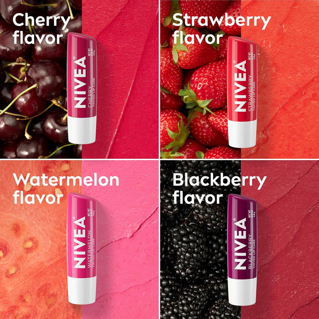 Nivea Lip Care Fruit Variety Pack - Tinted Lip Balm For Beautiful, Soft Lips - Pack Of 4, Multicolor