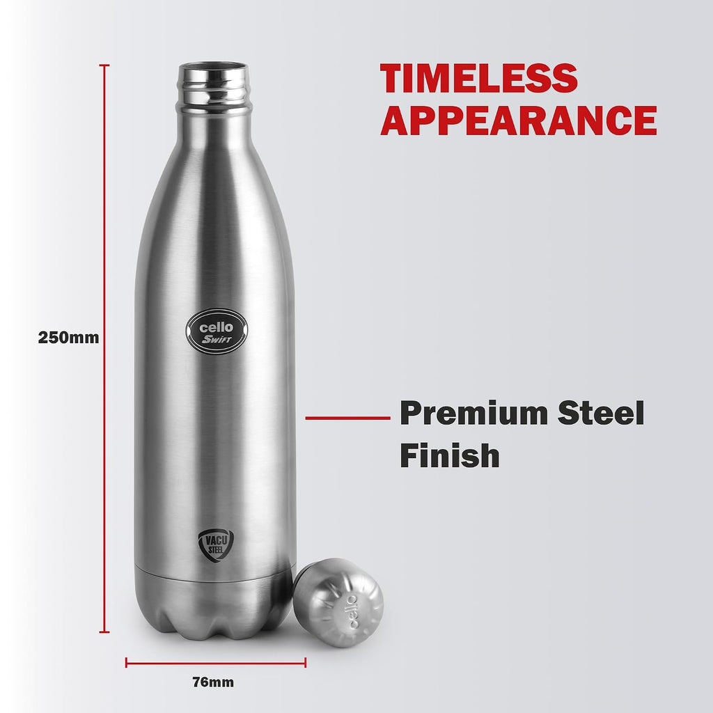 CELLO Swift Stainless Steel Hot and Cold Water Bottle 750 ml Silver | ISI Certified Spillproof Leakproof Double Wall Vacuum Insulated Thermos Flask Water Bottle for School Kids, Office Gym & Travel