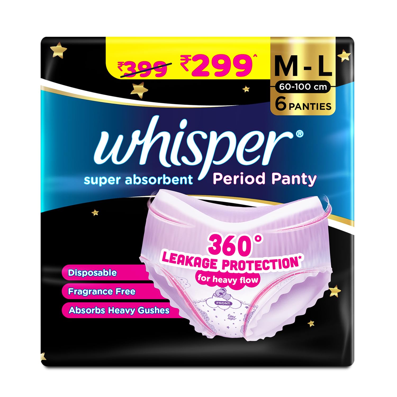 Whisper Super Absorbent Period Panty, 6 M-L Pants, 360 Degree Leakage Protection* for Heavy Flow, Panty like Fit, Full back Coverage, Absorbs Heavy Gushes,...