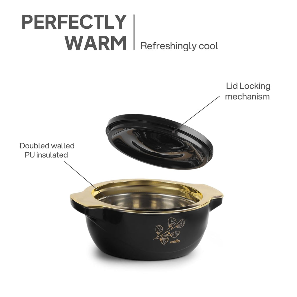 CELLO Radiant Set of 3 Pcs Insulated Steel Casserole Hot Box Case For Kitchen, Black (500ml, 1000ml, 1500ml) |