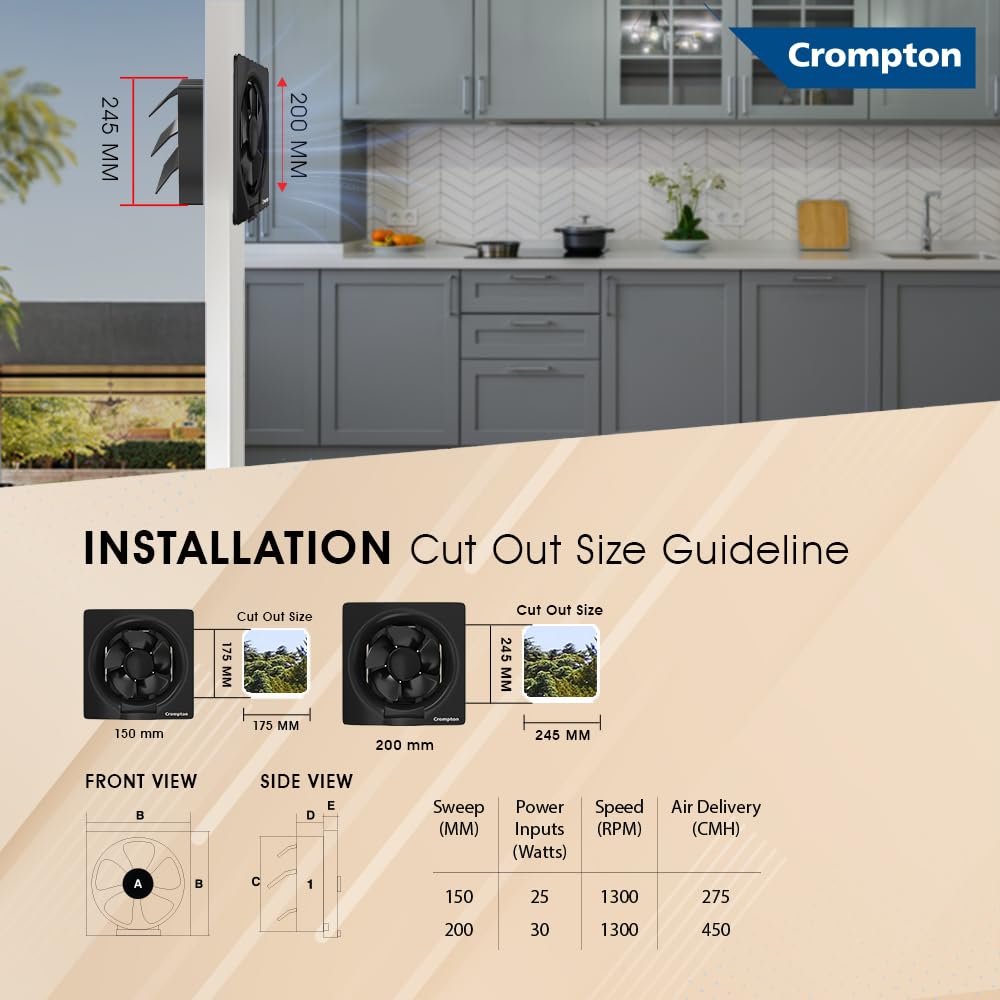 Crompton Brisk Air Plus 8 inch Kitchen/Bathroom/Office Exhaust (Ventilation) Fan | Automatic Dust Protection Shutters | 450 CMH Powerful Air Suction | Rust...