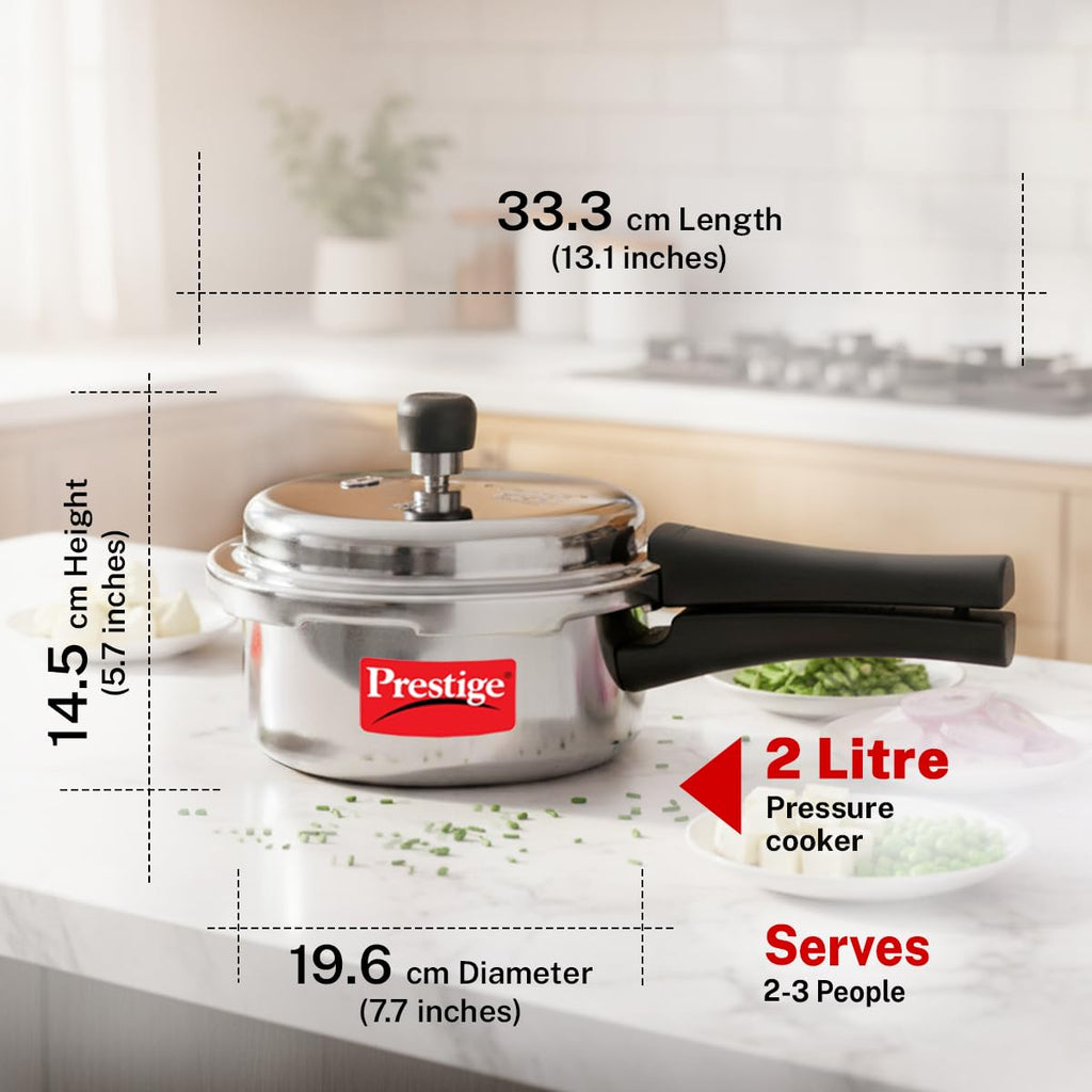 Prestige 2 Litre Aluminium Popular Outerlid Pressure Cooker | Virgin Aluminium| Gas Compatible|Controlled Gasket Release System|5 years warranty|ISI Certified
