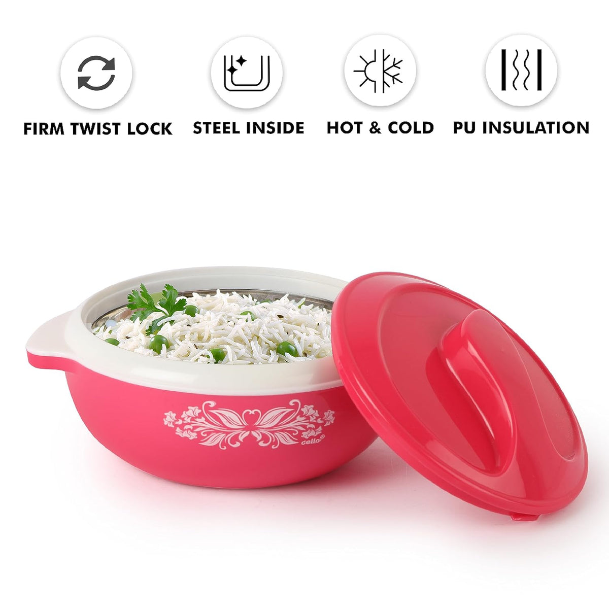 CELLO Hot Serve Set of 3 Pieces Casserole Hot Pot Box For Kitchen, Pink (500ml, 850ml, 1500ml) |