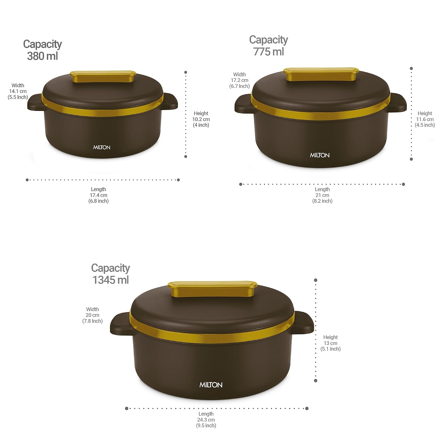 MILTON Micronova Jr. Gift Set Inner Stainless Steel Casserole, Set of 3 (380 ml, 775 ml, 1345 ml)