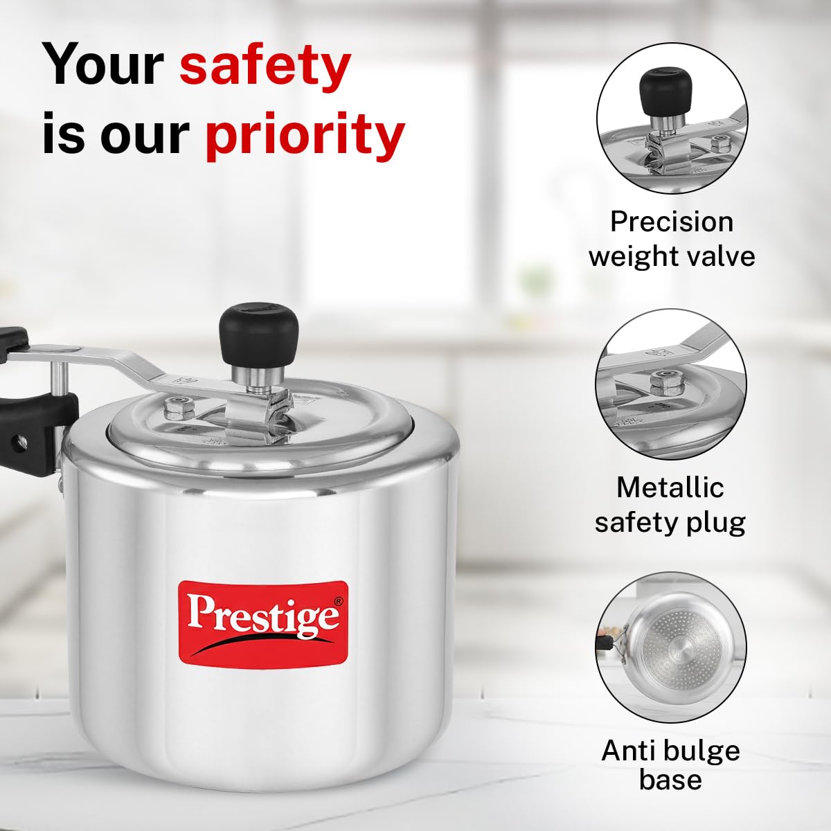Prestige 3 Litre Aluminium Nakshatra Plus Svachh Innerlid Pressure Cooker|Deep lid for spillage control|Virgin Aluminium|Gas & Induction Compatible|Metallic Safety Plug|5 Years warranty|ISI Certified