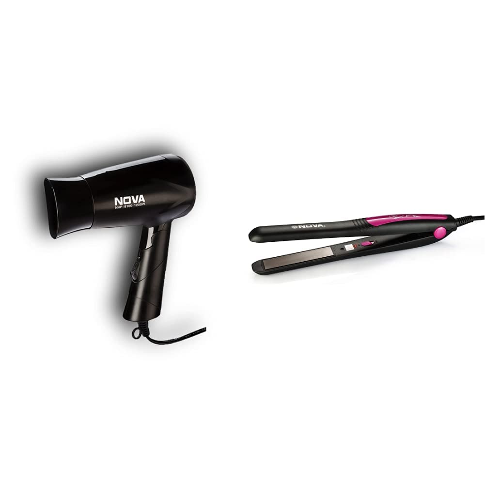 Nova Nhp 8100 Silky Shine 1200 Watts Hot And Cold Foldable Hair Dryer (Black) & Nhs - 840 Professional Series Straightener For Women (Pink)