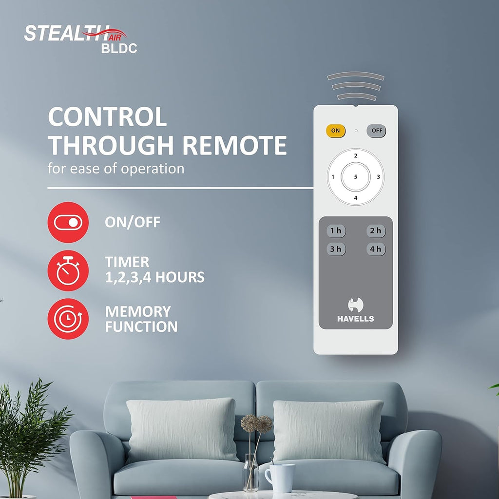 Havells Stealth Air BLDC 1200mm Ceiling Fan| Upto 55% Energy Saving| Silent & Premium| 5 stars Rating| 100% Copper Motor| RF Remote, Memory Backup, Timer| (Indigo Blue, Pack Of 1)