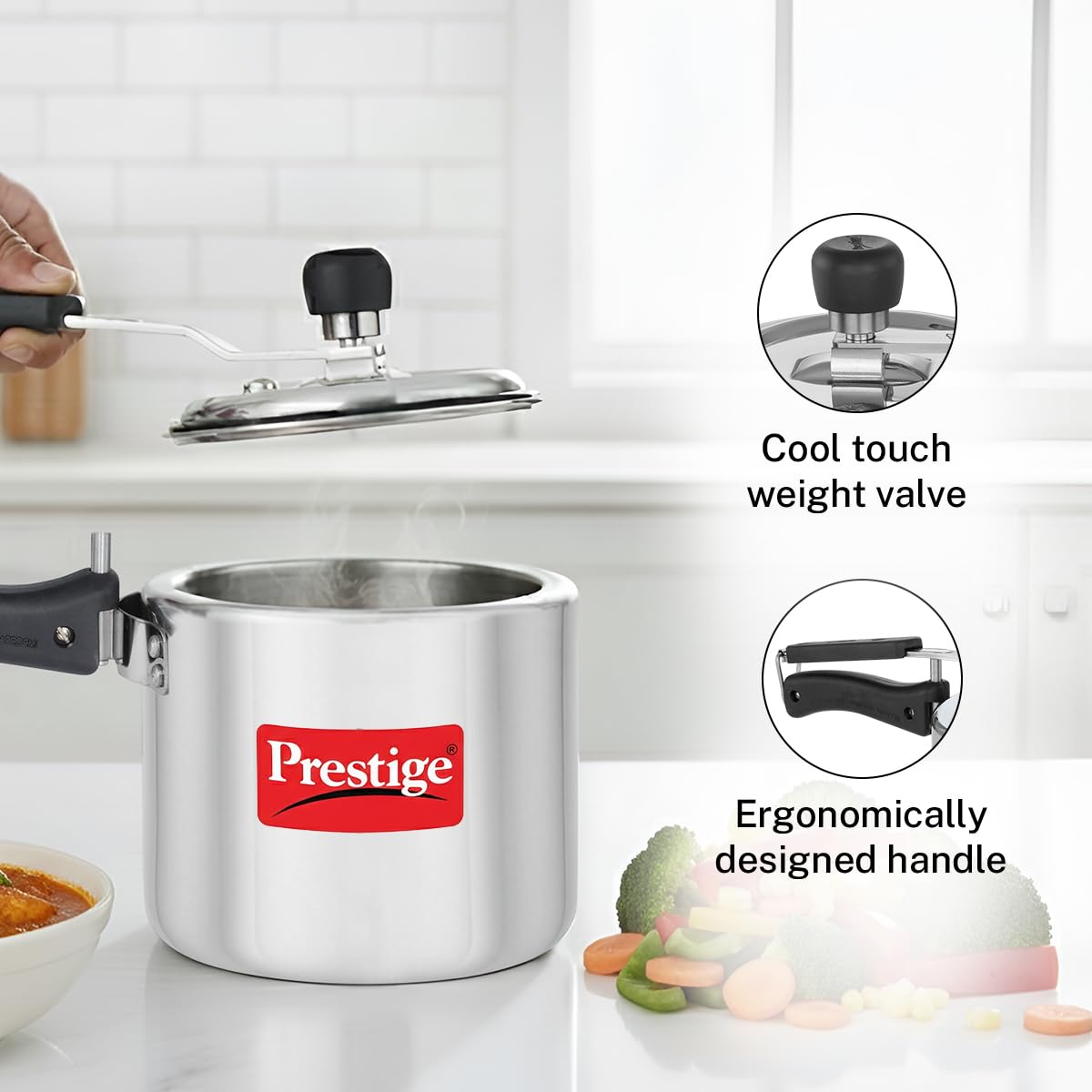 Prestige 3 Litre Aluminium Nakshatra Plus Svachh Innerlid Pressure Cooker|Deep lid for spillage control|Virgin Aluminium|Gas & Induction Compatible|Metallic Safety Plug|5 Years warranty|ISI Certified