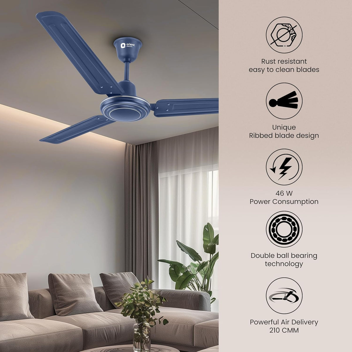 Orient Electric Apex-FX 1200mm Ceiling Fan for Home| BEE 1 Star Rated Energy Efficient Fan| Rust Resistant | Strong and Powerful Motor | 2 Years Warranty by Orient | Blue - Pack of 1
