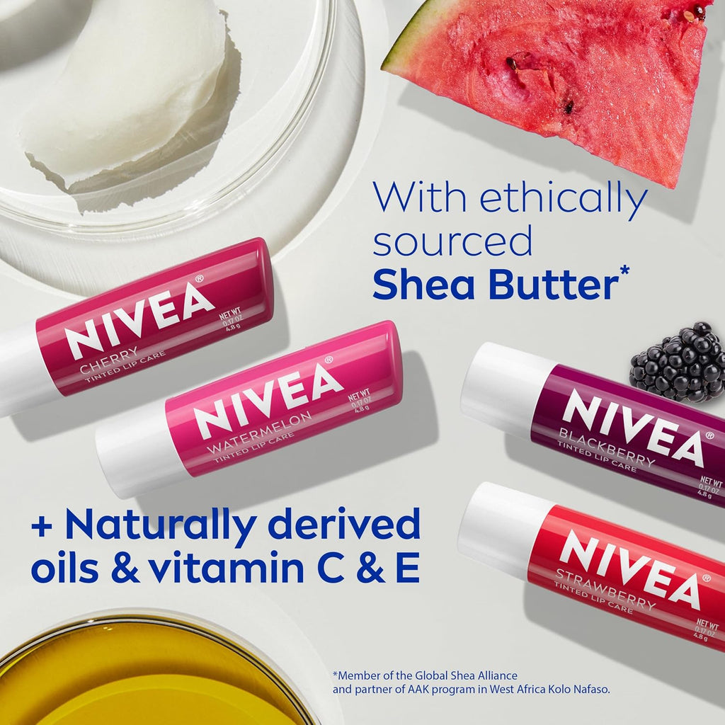 Nivea Lip Care Fruit Variety Pack - Tinted Lip Balm For Beautiful, Soft Lips - Pack Of 4, Multicolor