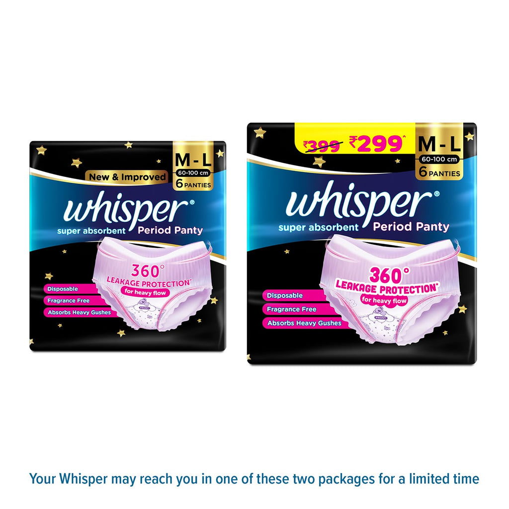 Whisper Super Absorbent Period Panty, 6 M-L Pants, 360 Degree Leakage Protection* for Heavy Flow, Panty like Fit, Full back Coverage, Absorbs Heavy Gushes,...