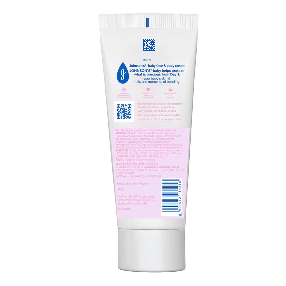 Johnson's Baby Cream 200g | Face & Body Cream for All Skin Types including Sensitive Skin | Helps Protect from Dryness