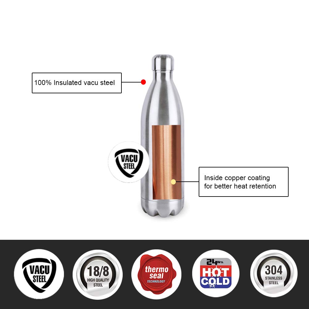 CELLO Swift Stainless Steel Hot and Cold Water Bottle 750 ml Silver | ISI Certified Spillproof Leakproof Double Wall Vacuum Insulated Thermos Flask Water Bottle for School Kids, Office Gym & Travel
