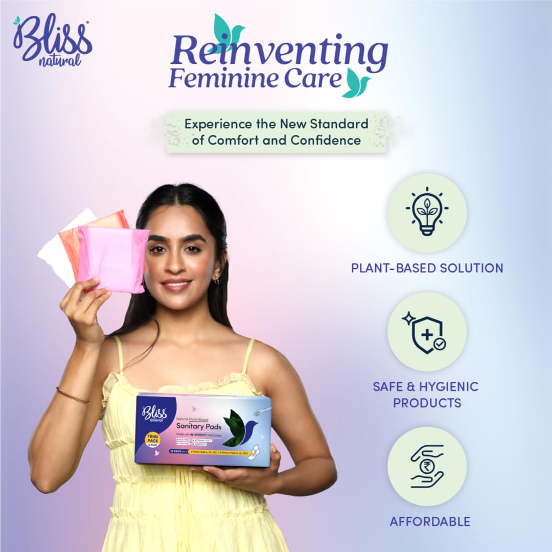 BLISSNATURAL Sanitary Pads Teen Trial Pack (Pack of 12) | L,XL & XXL |