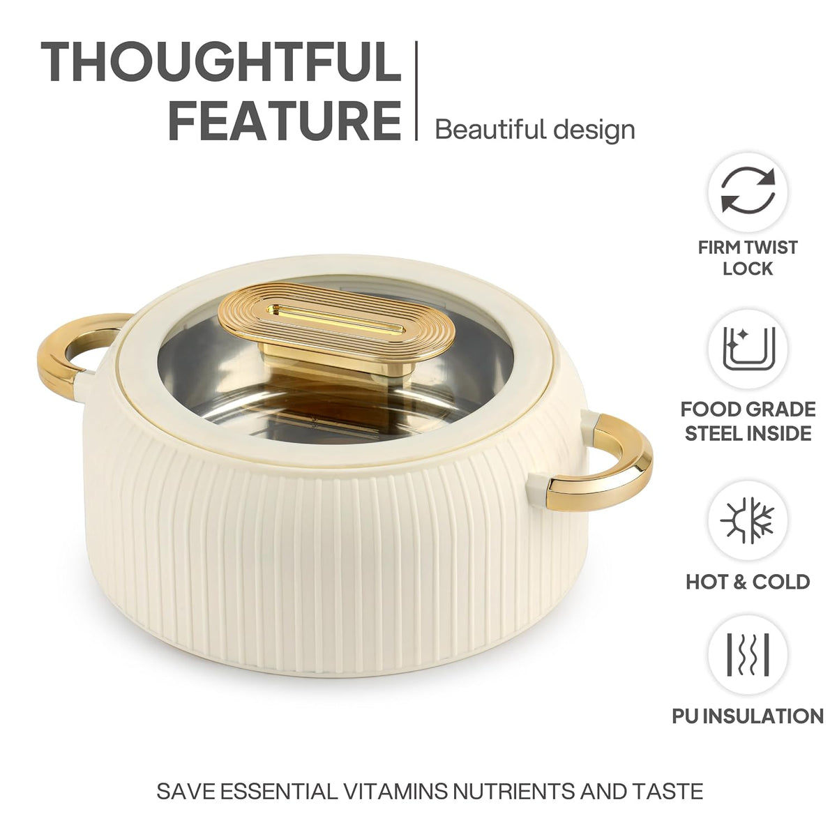 CELLO Castella Deluxe 1000 Insulated Steel Casserole Hot Box for Kitchen 1000 ml, Ivory