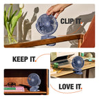 Orient Electric Orbis Rechargeable Personal Fan | 360° Rotation | 1800 mAh Battery | 4 Speed Modes with Timer | Quiet Operation | USB Type-C Charging | Clip-On Mini Fan | Dusk Blue