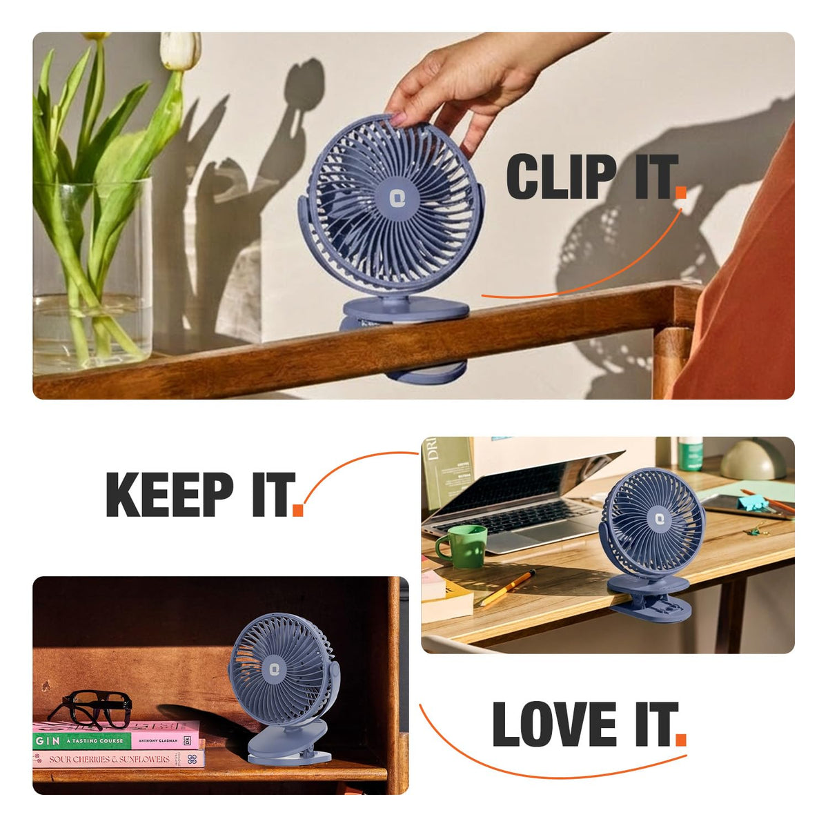 Orient Electric Orbis Rechargeable Personal Fan | 360° Rotation | 1800 mAh Battery | 4 Speed Modes with Timer | Quiet Operation | USB Type-C Charging | Clip-On Mini Fan | Dusk Blue