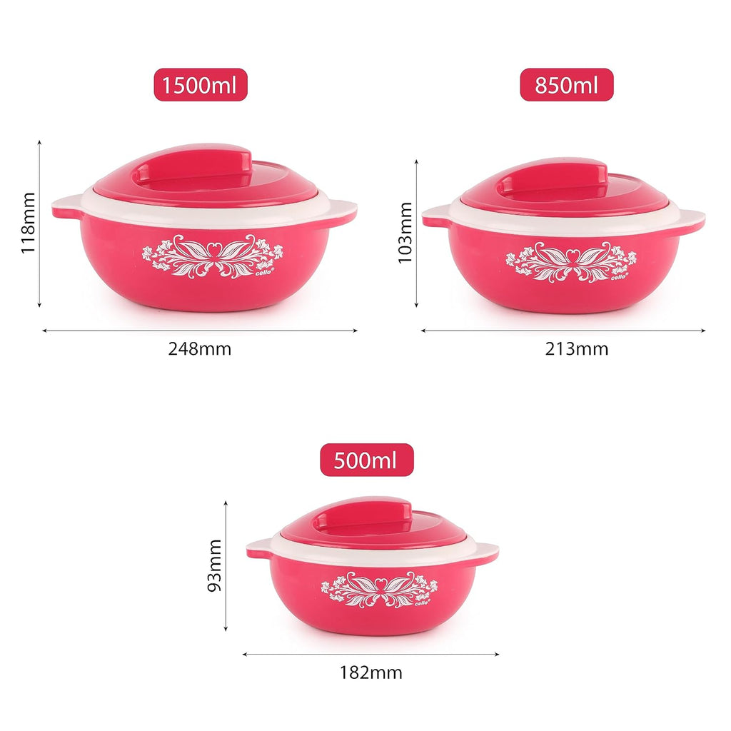 CELLO Hot Serve Set of 3 Pieces Casserole Hot Pot Box For Kitchen, Pink (500ml, 850ml, 1500ml) |