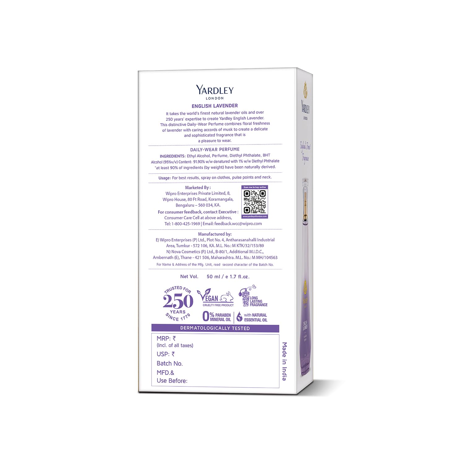 Yardley London English Lavender Perfume for Women, 50ml – 90% Naturally Derived, Daily Wear Spray | Lavender & Musk Fragrance