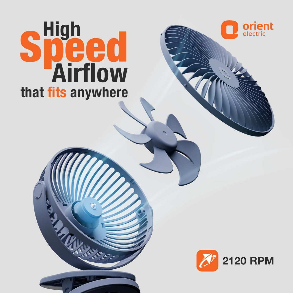 Orient Electric Orbis Rechargeable Personal Fan | 360° Rotation | 1800 mAh Battery | 4 Speed Modes with Timer | Quiet Operation | USB Type-C Charging | Clip-On Mini Fan | Dusk Blue