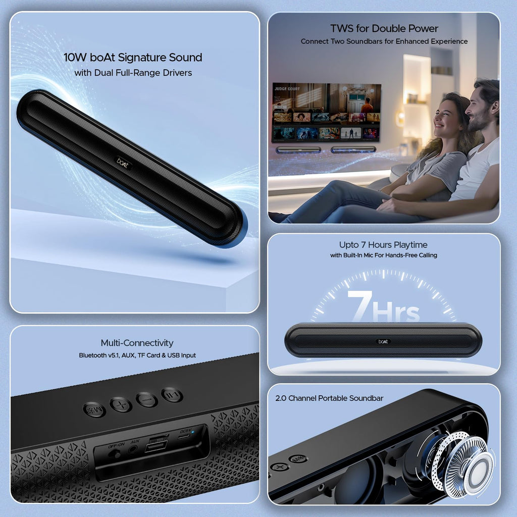 boAt Aavante Bar 490 10W Signature Sound, Dual Full-Range Drivers,7 HRS Battery, Built-in Mic,2.0 CH, Free Music Streaming on JioSaavn, Bluetooth Sound Bar,...