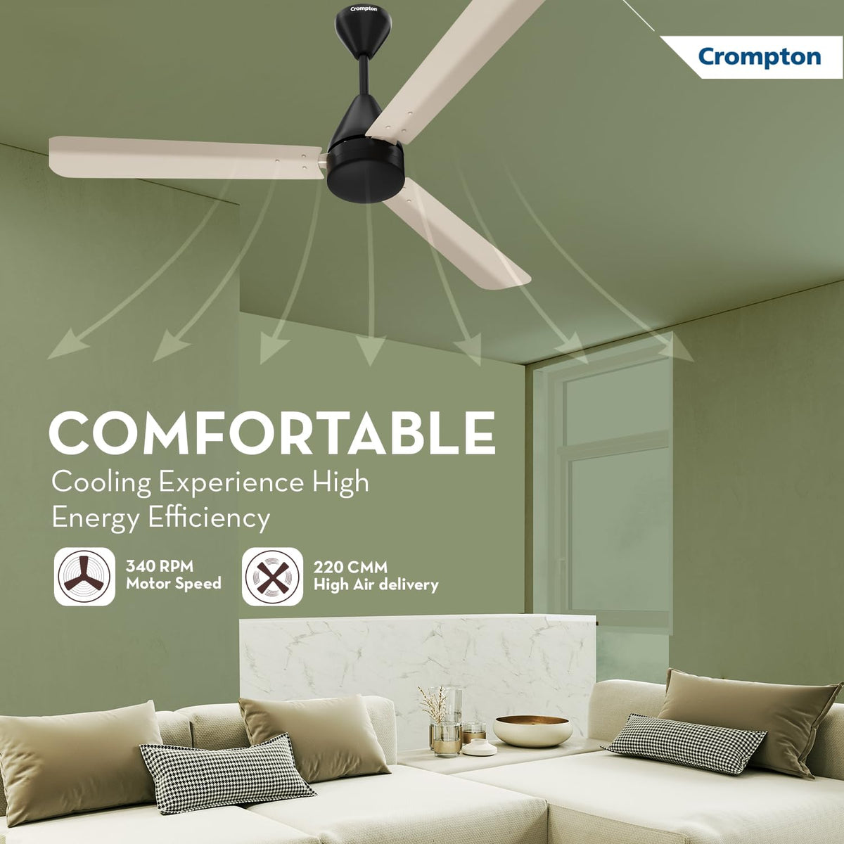 Crompton Energion Hyperjet-Boost 1200mm BLDC Ceiling Fan | Point Anywhere Remote | BEE 5 Star Rated Energy Efficient | Superior Air Delivery | Anti-Rust | 2 Year Manufacturer Warranty | Ivory Black