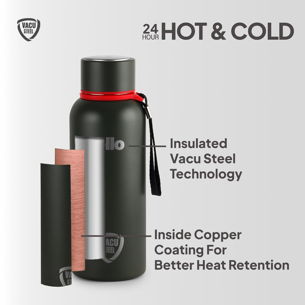 CELLO Duro Kent Stainless Steel Hot and Cold Water Bottle 900 ml Military Green | ISI Certified Spillproof Leakproof Double Wall Vacuum Insulated Thermos Flask Water Bottle for Home Office Gym Travel