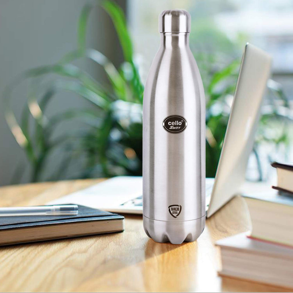 CELLO Swift Stainless Steel Hot and Cold Water Bottle 750 ml Silver | ISI Certified Spillproof Leakproof Double Wall Vacuum Insulated Thermos Flask Water Bottle for School Kids, Office Gym & Travel