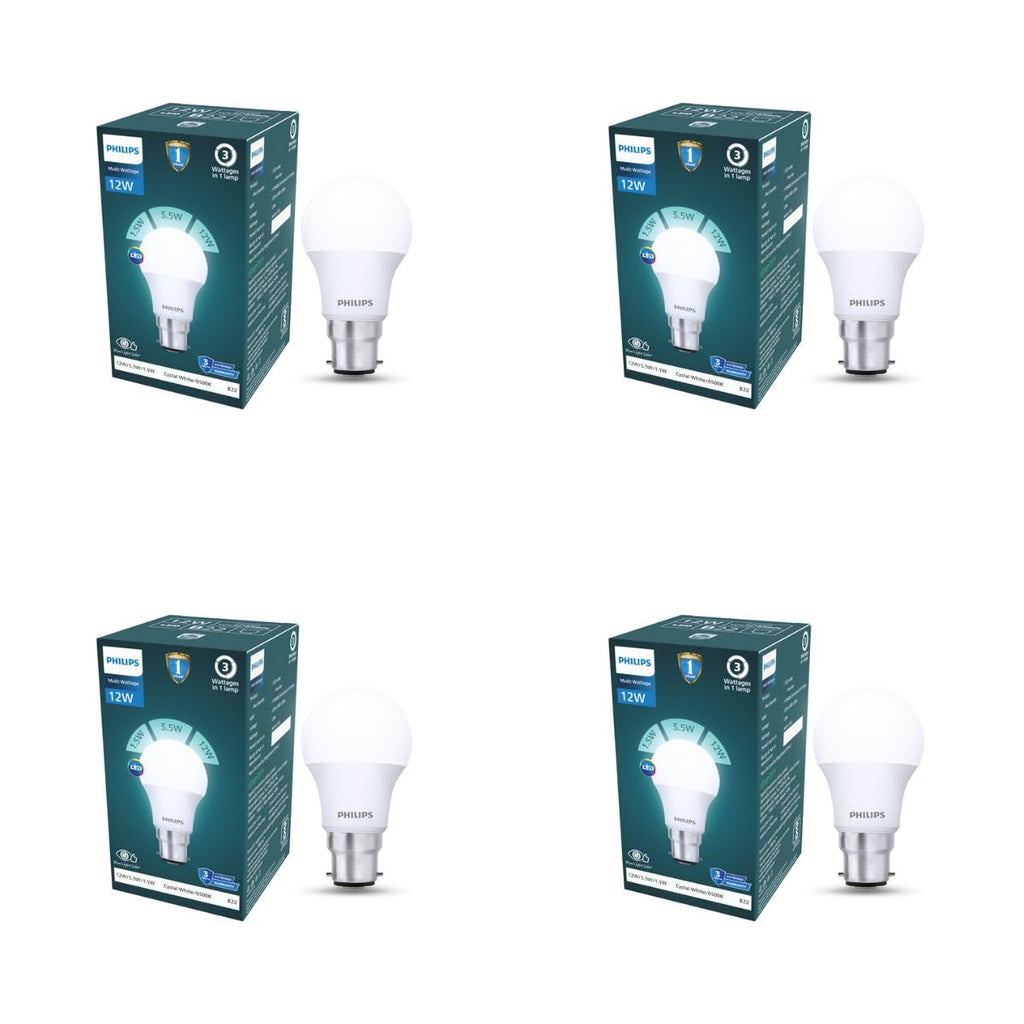 PHILIPS 12W Dimmable LED Bulb | Cool White 6500K | B22 Base | Adjustable Brightness LED Light | Energy Efficient & Versatile Lighting | Pack of 4