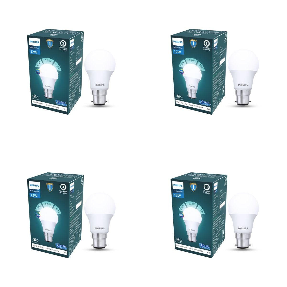 PHILIPS 12W Dimmable LED Bulb | Cool White 6500K | B22 Base | Adjustable Brightness LED Light | Energy Efficient & Versatile Lighting | Pack of 4