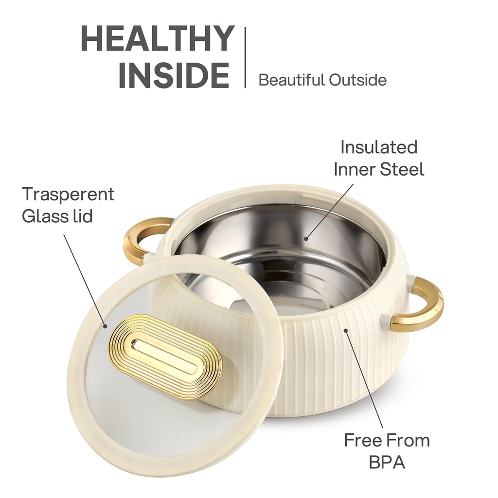 CELLO Castella Deluxe 1000 Insulated Steel Casserole Hot Box for Kitchen 1000 ml, Ivory