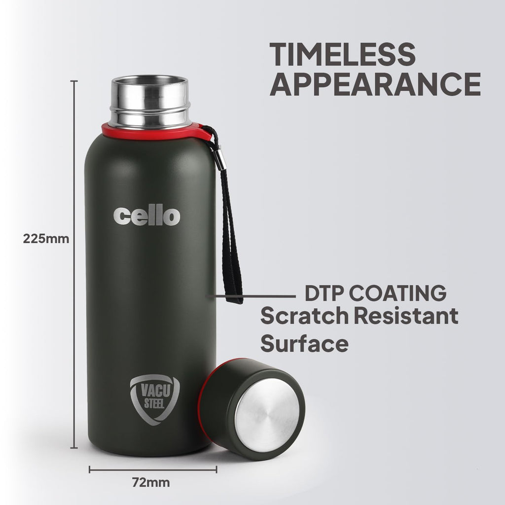 CELLO Duro Kent Stainless Steel Hot and Cold Water Bottle 900 ml Military Green | ISI Certified Spillproof Leakproof Double Wall Vacuum Insulated Thermos Flask Water Bottle for Home Office Gym Travel