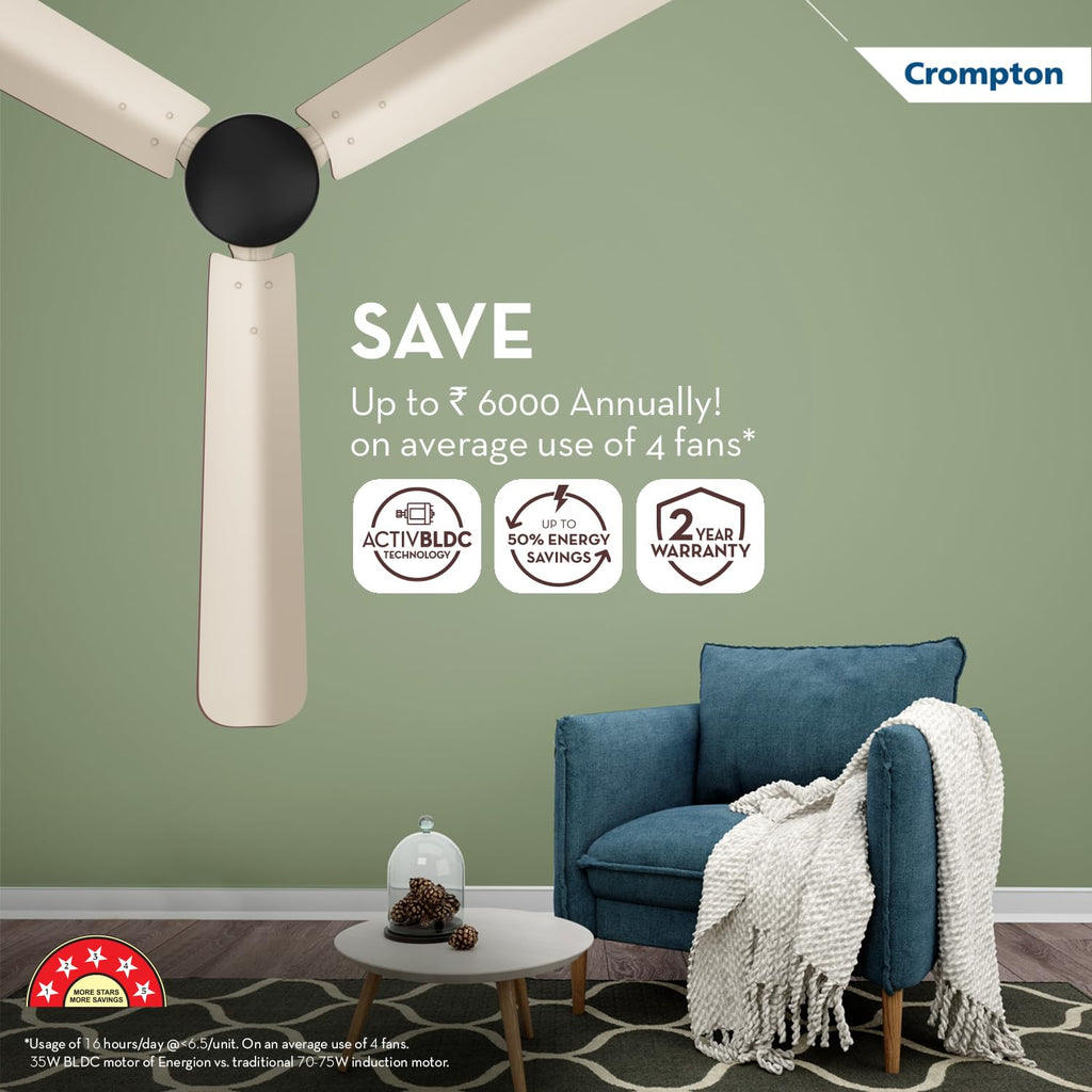 Crompton Energion Hyperjet-Boost 1200mm BLDC Ceiling Fan | Point Anywhere Remote | BEE 5 Star Rated Energy Efficient | Superior Air Delivery | Anti-Rust | 2 Year Manufacturer Warranty | Ivory Black