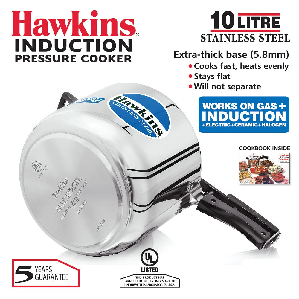 Hawkins Stainless Steel 10L Inner Lid Pressure Cooker Induction Compatible, 10 Liter (HSS10)