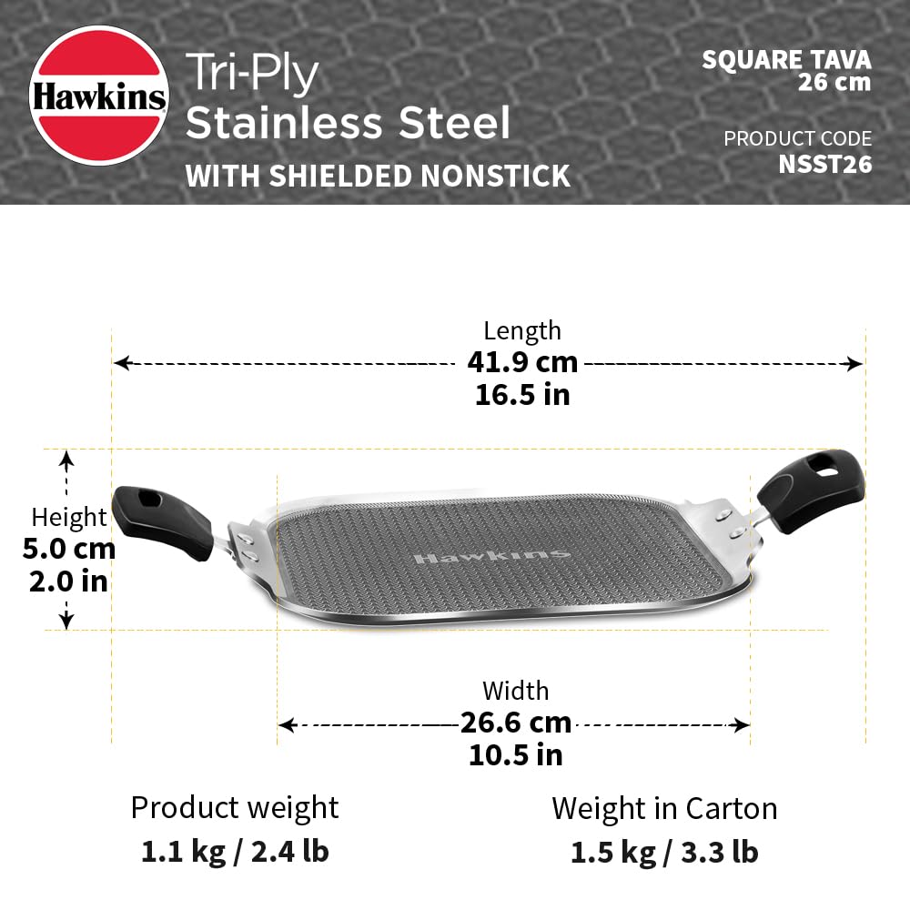 Hawkins 26 cm Triply with Shielded Nonstick Square Tava | Induction & Gas Compatible | Metal Spatula Safe, Durable Nonstick | | Silver (NSST26)