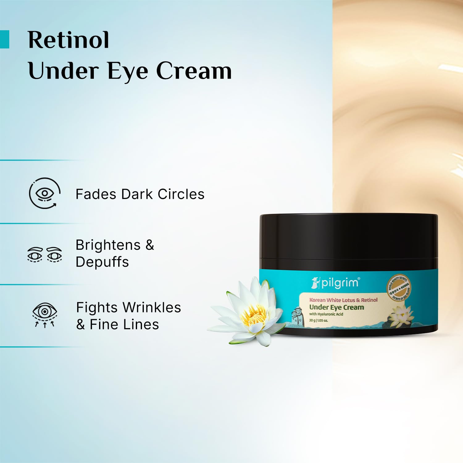 Pilgrim Korean Retinol Under Eye Cream for dark circles, Puffiness & Fine Lines with Vitamin C & Hyaluronic Acid | Women & Men Skin care | 30g