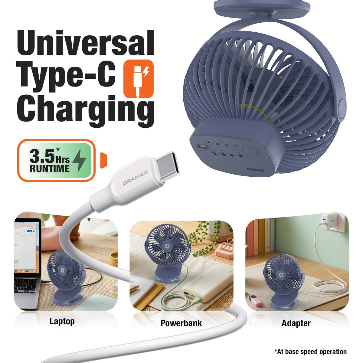 Orient Electric Orbis Rechargeable Personal Fan | 360° Rotation | 1800 mAh Battery | 4 Speed Modes with Timer | Quiet Operation | USB Type-C Charging | Clip-On Mini Fan | Dusk Blue