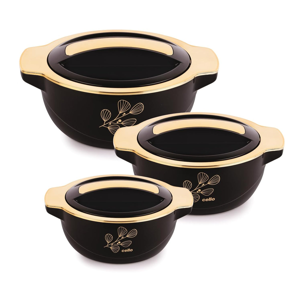 CELLO Radiant Set of 3 Pcs Insulated Steel Casserole Hot Box Case For Kitchen, Black (500ml, 1000ml, 1500ml) |