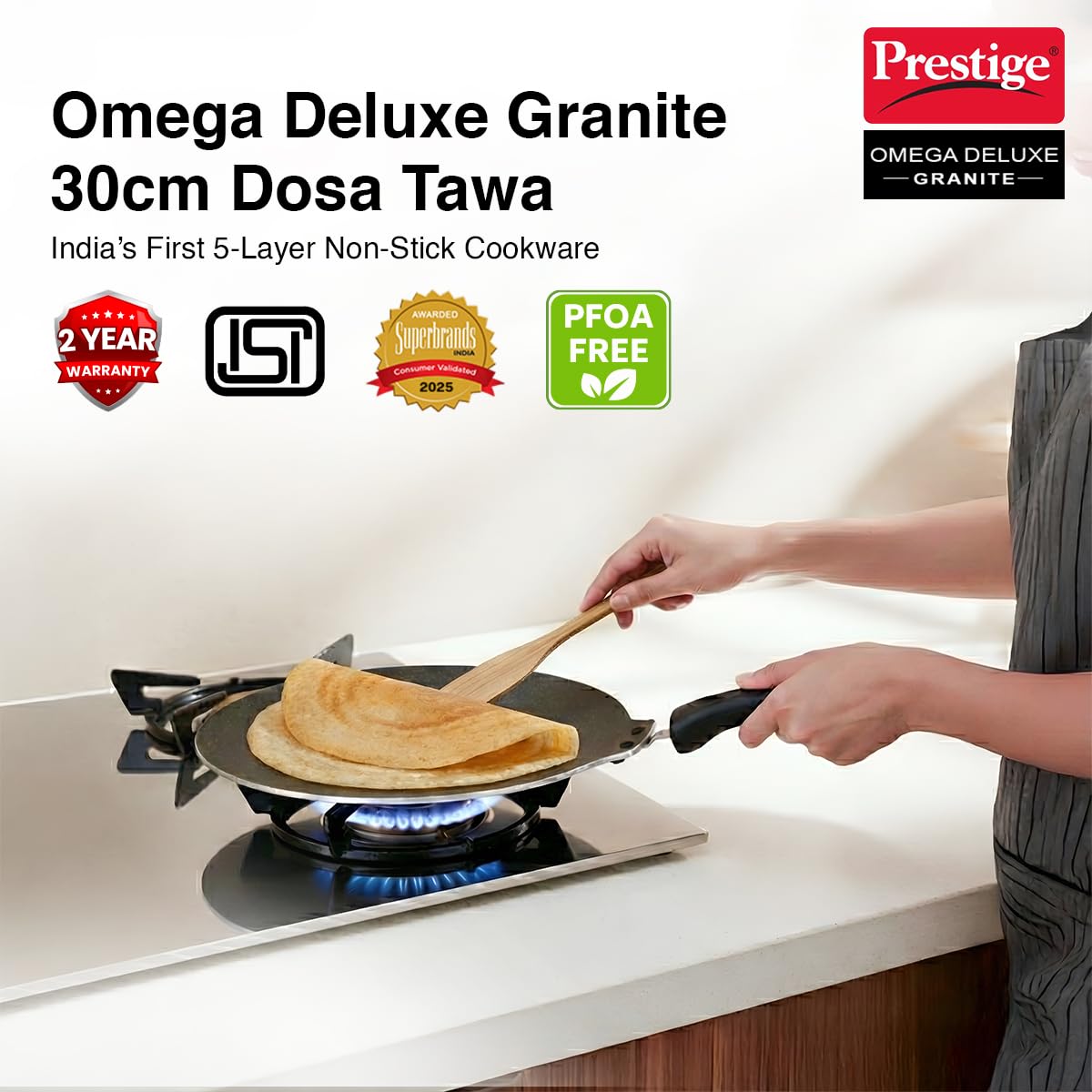 Prestige Omega Granite Non-Stick Dosa Tawa 30cm | Extra Thick Base (4.88 mm) | 5-Layer Coating | Gas & Induction Compatible |