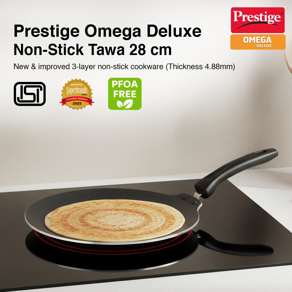 Prestige TTK OMG DLX Induction Base Non-Stick Aluminium Flat Dosa Tawa, 28cm, Red