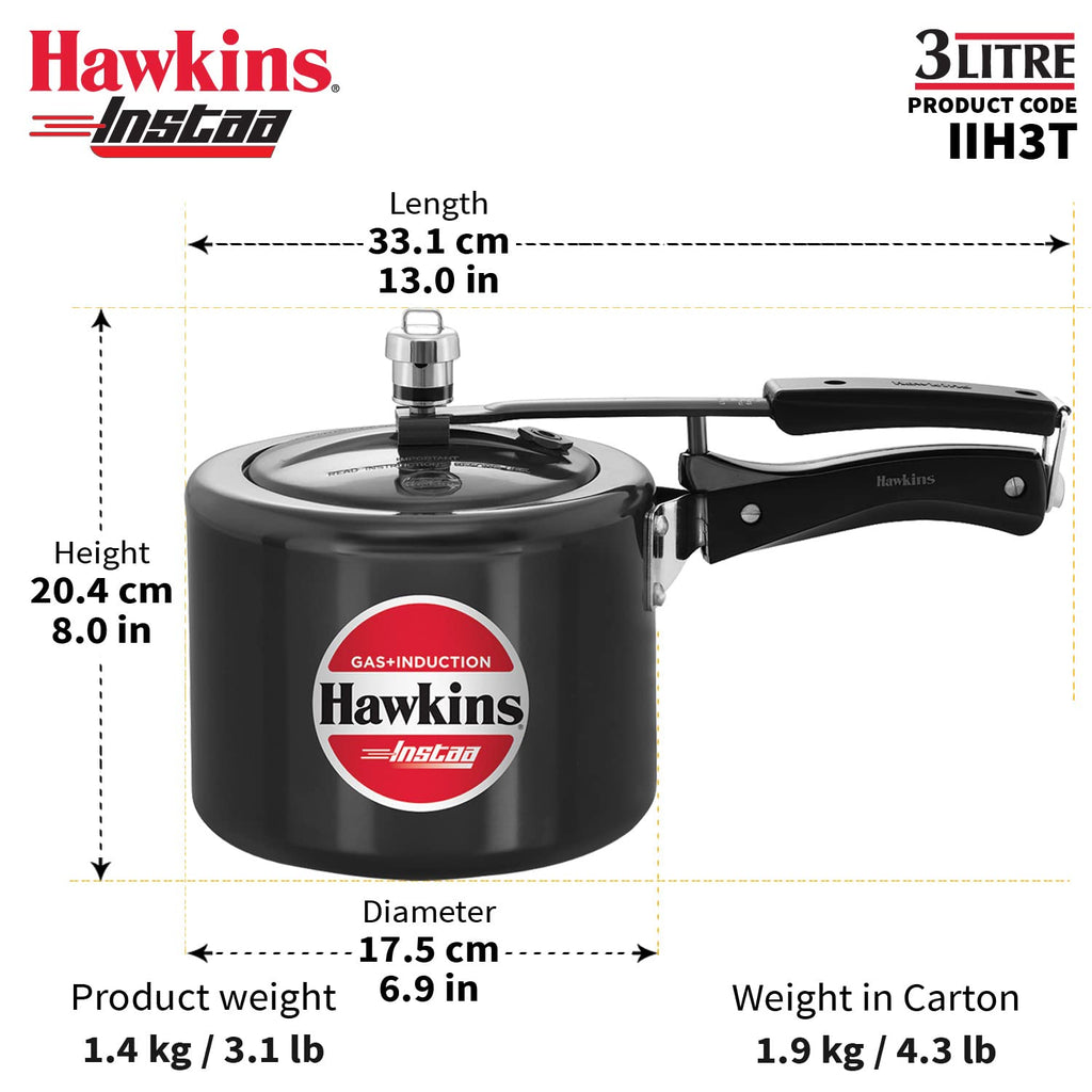 Hawkins 3 Litre Instaa Pressure Cooker, Induction Inner Lid Cooker, Tall Body Hard Anodised Cooker, Black (IIH3T)