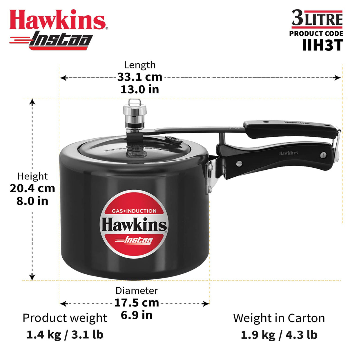 Hawkins 3 Litre Instaa Pressure Cooker, Induction Inner Lid Cooker, Tall Body Hard Anodised Cooker, Black (IIH3T)