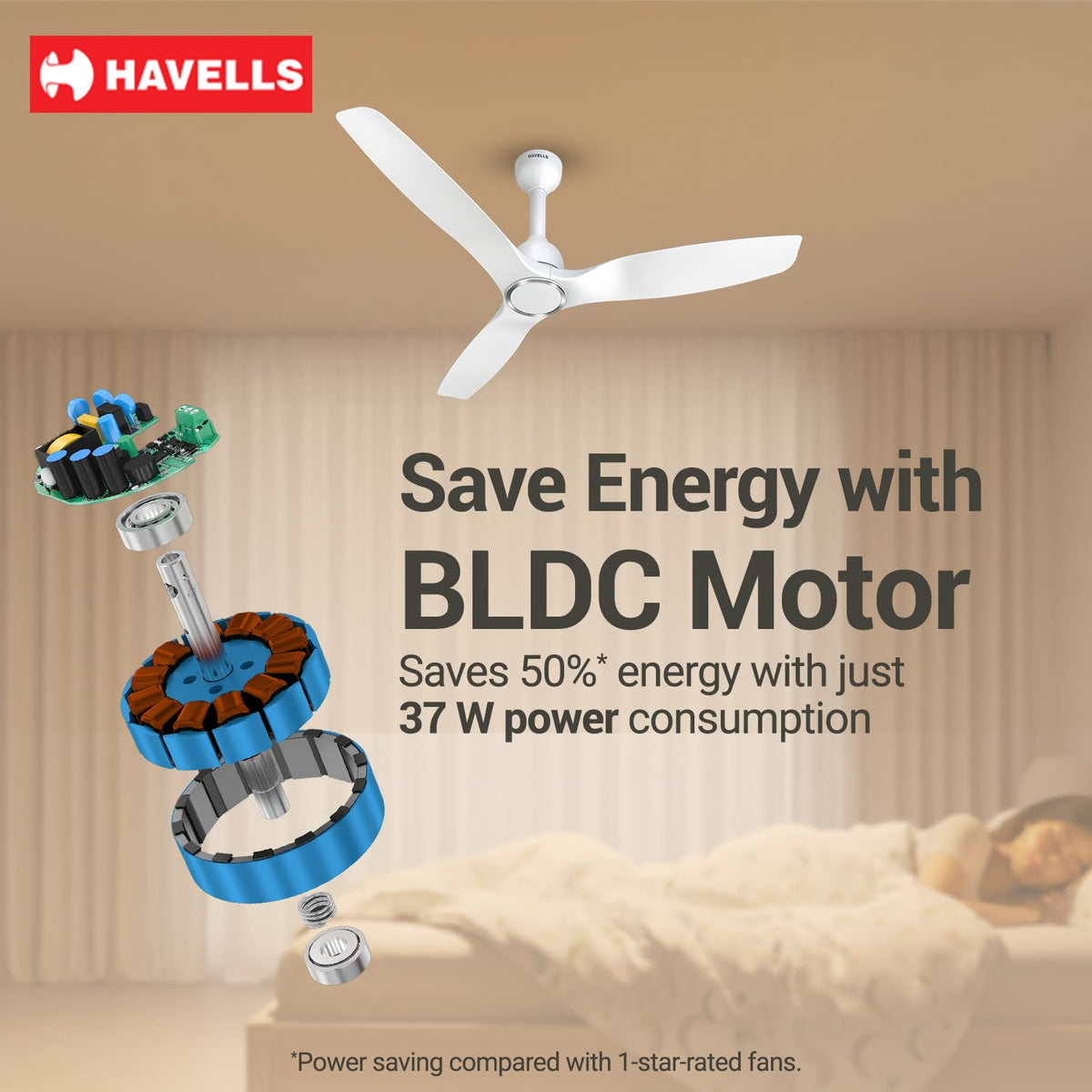 Havells Stealth Slim BLDC 1200 mm Ceiling Fan | Remote Controlled, High Air Delivery Fan | 5 Star Rated, Upto 50% Energy Saving, Reverse Rotation, 2 Year...