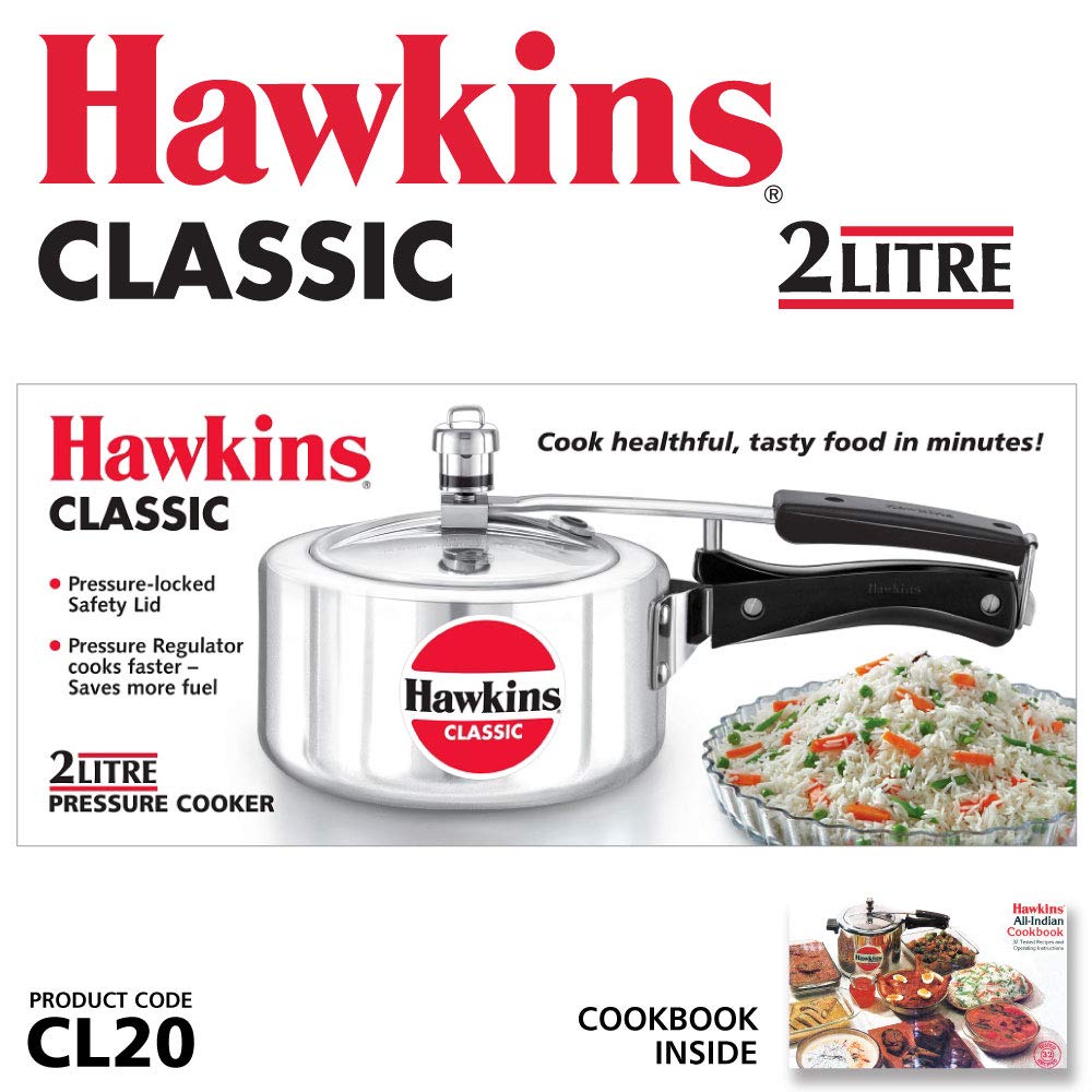 Hawkins Classic 2 Litre Pressure Cooker | Straight Body | Gas Compatible | Ideal for 2–3 persons | ISI Certified | 5 Year Guarantee | Silver (CL20)
