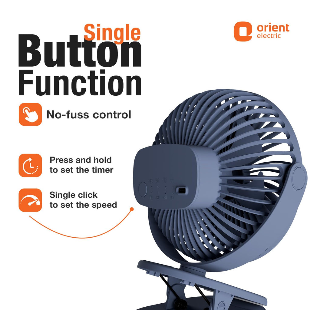 Orient Electric Orbis Rechargeable Personal Fan | 360° Rotation | 1800 mAh Battery | 4 Speed Modes with Timer | Quiet Operation | USB Type-C Charging | Clip-On Mini Fan | Dusk Blue