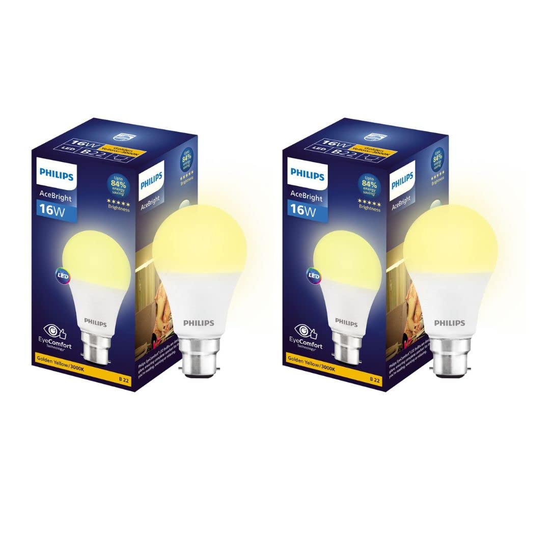 Philips 16-watt LED Bulb |AceBright High Wattage LED Bulb|Base: B22 Light Bulb for Home | Warm White, Pack of 2