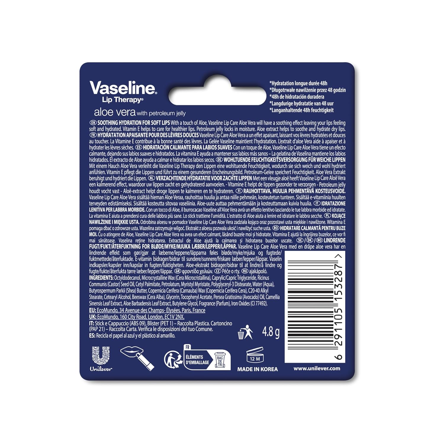Vaseline Aloe Fresh Lip Therapy Stick- .16 Oz, Aloe Vera